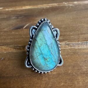 Vintage Style Genuine Blue Labradorite Gemstone Ring Size 6.5 Silver 925 Plated
